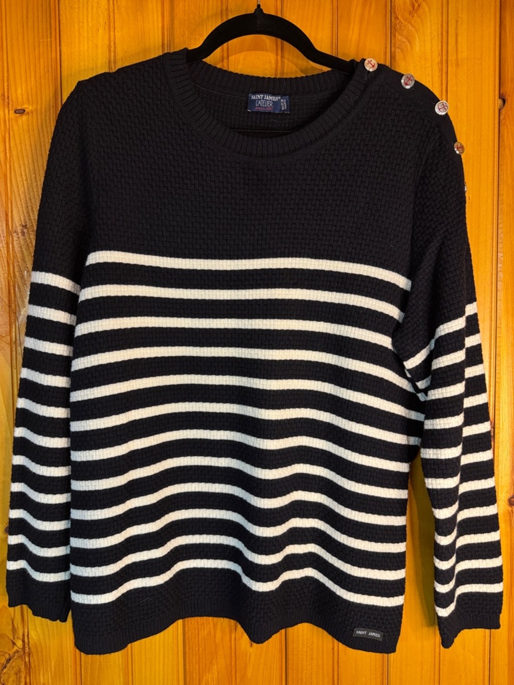 Saint James L’Atielier 100% New Wool Black & White Striped Crewneck Sweater